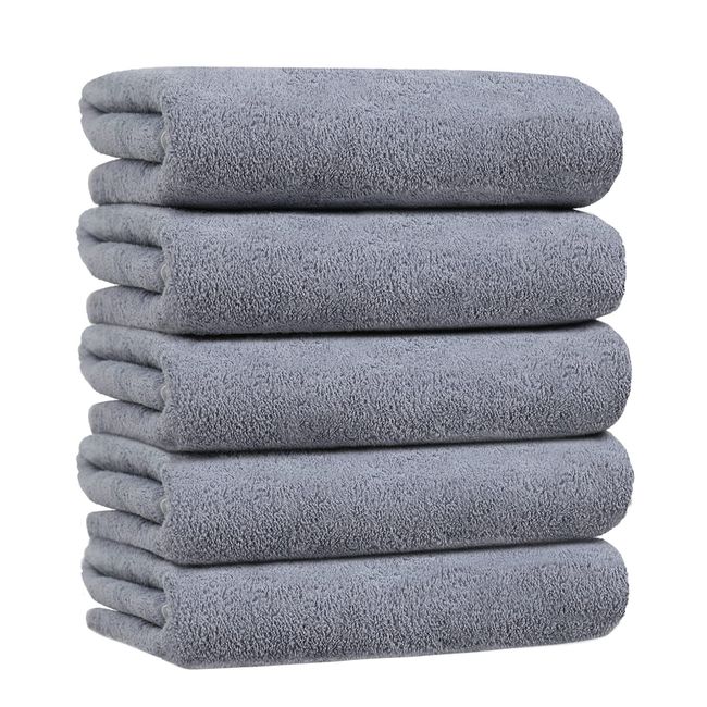 Microfiber Bath Towel, Hotel Specifications, Large, Approx. 23.6 x 47.2 inches (60 x 120 cm), Fluffy, Soft, Instant Absorption, Quick Drying, Antibacterial, Odor Resistant, Set of 5 Towels (Gray)