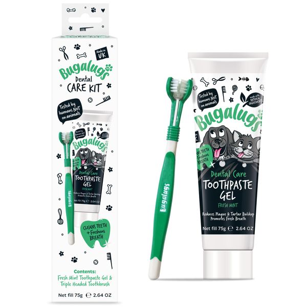 Bugalugs Dental Care Kit for Dogs & Cats Toothpaste Gel (75g) & 1 x Triple Headed Toothbrush for Dogs, Puppy, Cat & Kitten Essentials, Breath Freshener, Plaque & Tartar Remover, Cleaning Treatment