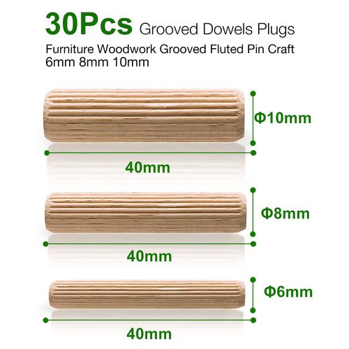 30 Pcs Assorted Wooden Dowels M6 M8 M10 Hard Wood Grooved Plugs Furniture Woodwork Grooved Fluted Pin Craft 6mm 8mm 10mm