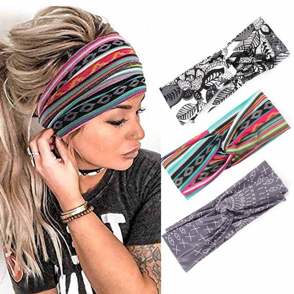 Zoestar Boho Criss Cross Stirnbänder Schwarz Yoga Head Wraps Vintage Gedruckt Haarschal Stilvolle Elastische Haarbänder für Frauen (3 Stück) (H)