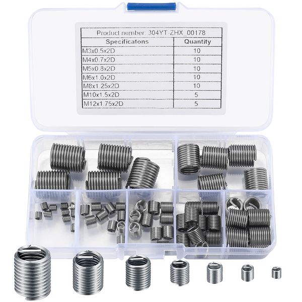 60 Pcs Self-Tapping Thread Inserts, Helicoil Thread Repair Insert, Thread Repair Kit, M3 M4 M5 M6 M8 M10 M12 Internal Thread Set for Metal Plastic Processing Industry