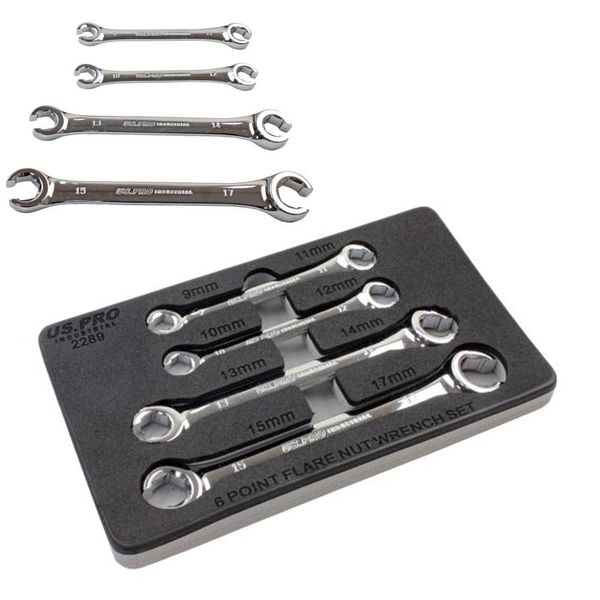US PRO INDUSTRIAL 4pc Flare Nut Spanner Set Brake Fuel Pipe Wrench 9mm-15mm in Foam Tray