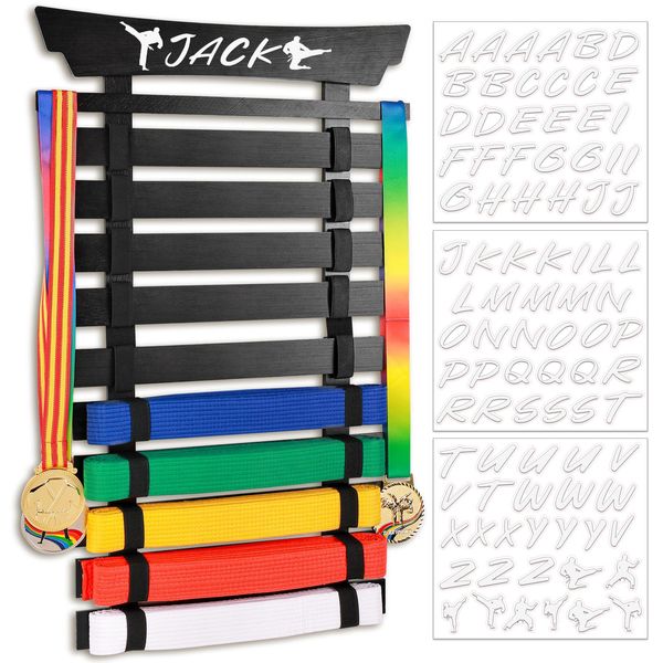 Winartton 10 Belts Karate Belt Display Rack with Stickers, Taekwondo Belt Display Holder, Martial Arts Belt Display, No Assembly Required, BJJ Hanging Holder for Kids and Adult