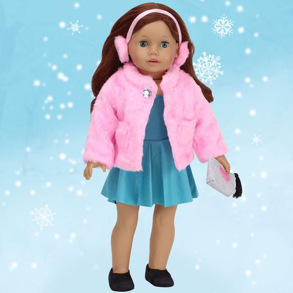 Sophia's 18" Doll Fluffy Pink Faux Fur Coat with Gem Accent and Matching Earmuffs