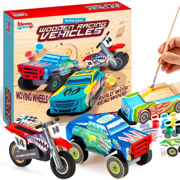 JOYIN Kids Craft Kit Build & Paint Your Own Wooden Race Car Art & Craft Kit DIY Toy Make Your Own Car Truck Toy Construct and Paint Craft Kit, Presents for Kids