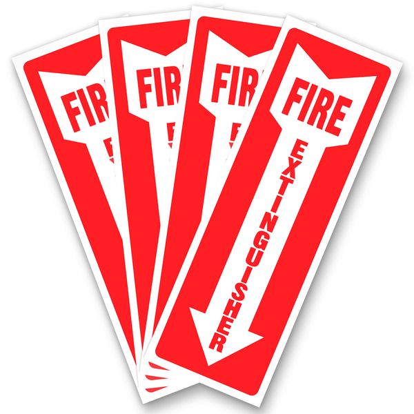 ASSURED SIGNS Fire Extinguisher Signs, Safety Sign Sticker - 4 Pack - 4" X 12" - 5 Mil Vinyl - Bright Red and White Colors - Durable Self Adhesive, Weatherproof & UV Protected - Ideal for Home, Office or Boat