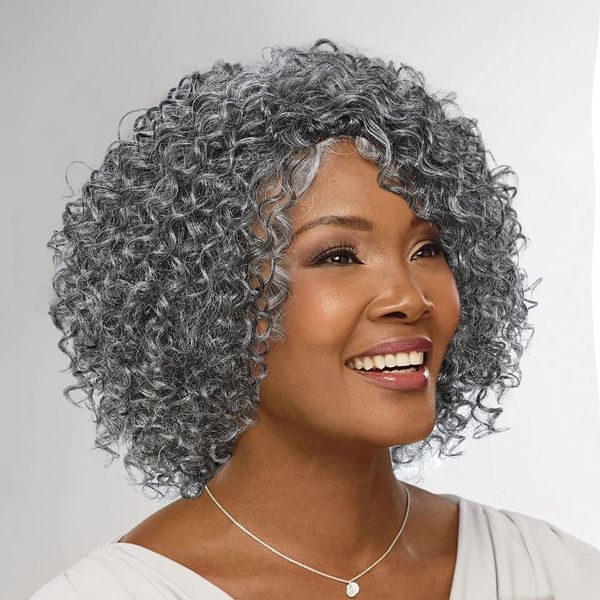 HUA Grey Wig for Women Human Hair Glueless Kinky Curly Salt and Pepper Wigs for Black Women Short Curly Wear and Go Glueless Wig for Old Lady Non-Lace Bob Gray Wigs Human Hair Mixed