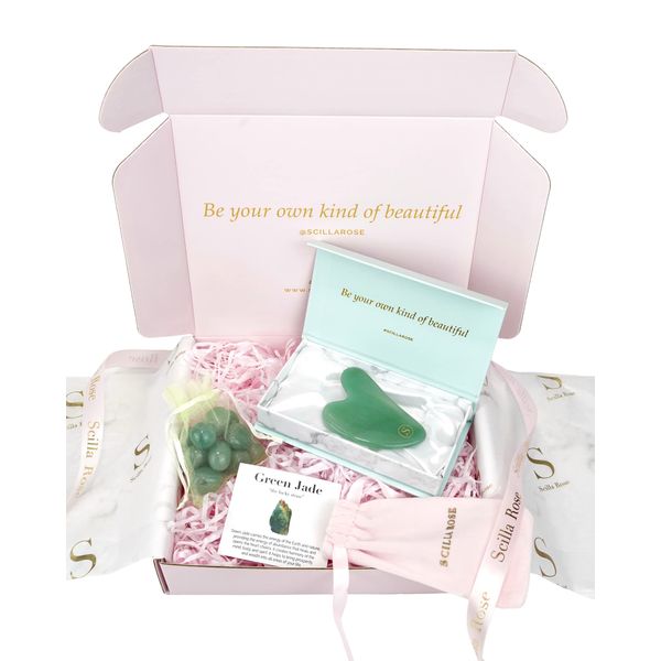 Scilla Rose Gua Sha Jade Stone Gift Set -100% Natural Beauty Guasha Tool Facial Massager for Lymphatic Drainage Face Sculpting Tool Acupuncture Therapy (The Jade Guasha Bundle)