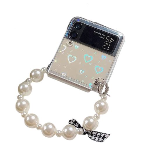 for Motorala Razr 2023 Case Bling Glitter Cute Laser Heart Girly Design,Stylish Clear Hard PC Back with Beaded Pearl Phone Charm Strap Phone Case Cover for Moto Razr 2023 for Women Girls