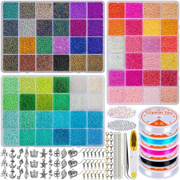 HONGTEYA 42000Pcs 2mm Glass Seed Beads for Jewelry Making Kit,72 Colors Seed Beads for Jewelry Making with Alphabet Letter Beads Elastic String for DIY Bracelets Necklace Jewelry Making Supplies