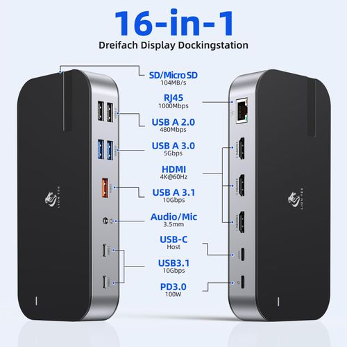 Laptop Docking Station,16 in 1 Docking Station USB C Docking Triple Monitor,USB C Dock Station with 3 HDMI,PD 100W, USB 3.1/3.0/2.0,RJ 45 Ethernet,SD/TF,Audio for Dell/HP/Lenovo