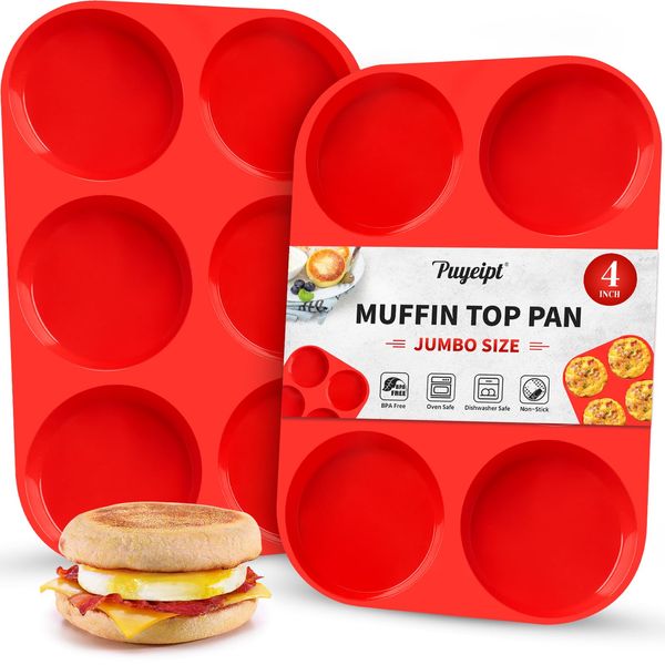 Puyeipt 4 Inch Silicone Egg Molds for Breakfast Sandwiches, 2 Pack Jumbo Size Muffin Top Pans, Non-Stick Round Baking Molds for Egg Bites, Hamburger Buns, English Muffins, Whoopie Pies