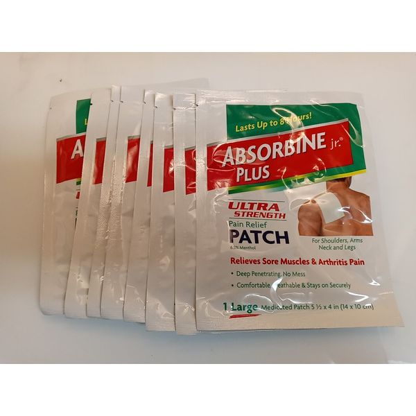 8 Absorbine Jr. Plus Large Ultra Strength 6.5% Menthol Relief Patches 5 1/2 x 4