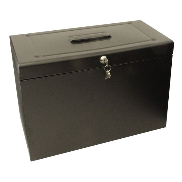 Foolscap Metal File Storage Box - Includes 5 Suspension Files, Plastic Tabs & Inserts GDPR Compliant (Black)