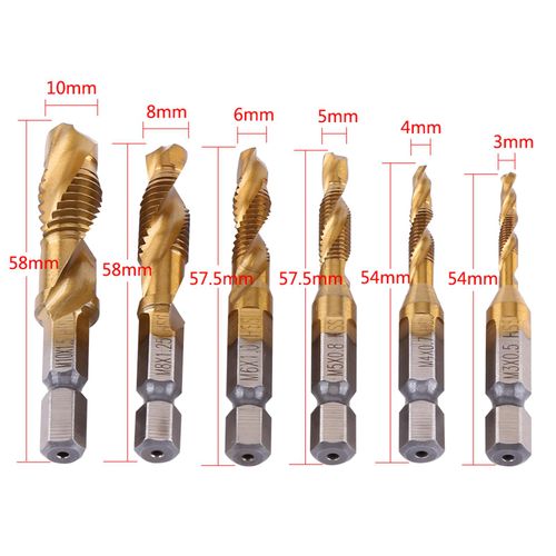 Thread Tap, 6Pcs Tap and Die Set or Metric Thread M3-M10 Titanium Coated HSS Drill and Tap Bits 1/4" Hex Shank Fluted Screw Thread Plug Tap Use for Tapping Various Threads