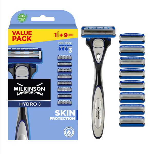 WILKINSON SWORD - Hydro 3 Skin Protection For Men | Hydrating Gel | Razor Handle + 9 Blade Refills