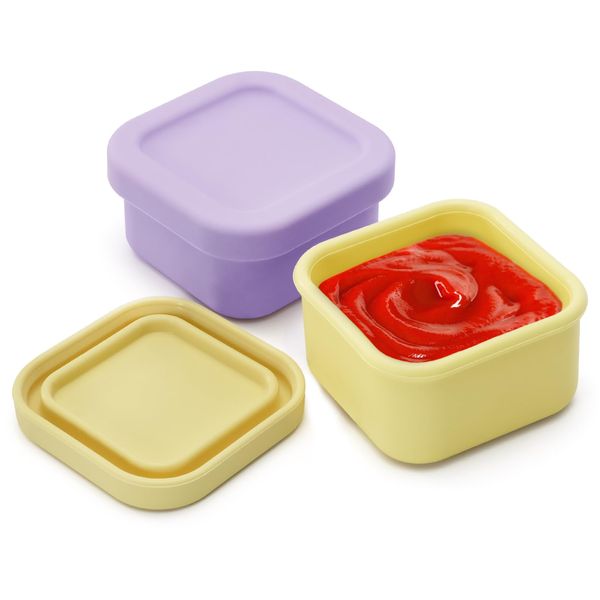 LELE LIFE Leakproof Silicone Salad Dressing Container To Go, 2Pcs 100ml Thick Dip Containers for Lunches, Sauce Condiment Containers with Lids, Small Nuts Snack Containers,Purple+Yellow