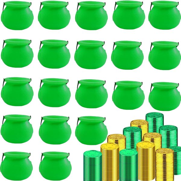 Limxia 20 Pcs Green Mini Candy Kettles & 240 Plastic Lucky Shamrock Coins for St. Patrick's Day Party Decoration Set