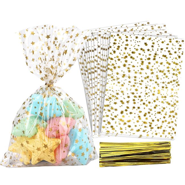 COQOFA 100 Pcs Star Printed 5"X 7" Gift Wrap Cello Cellophane Treat Bags Party Favor bags Clear Candy Cookie Bags Plastic Poly Goodie Storage Bags with Twist Ties for Bakery,Birthday, Wedding ,Party Decorations (Gold)