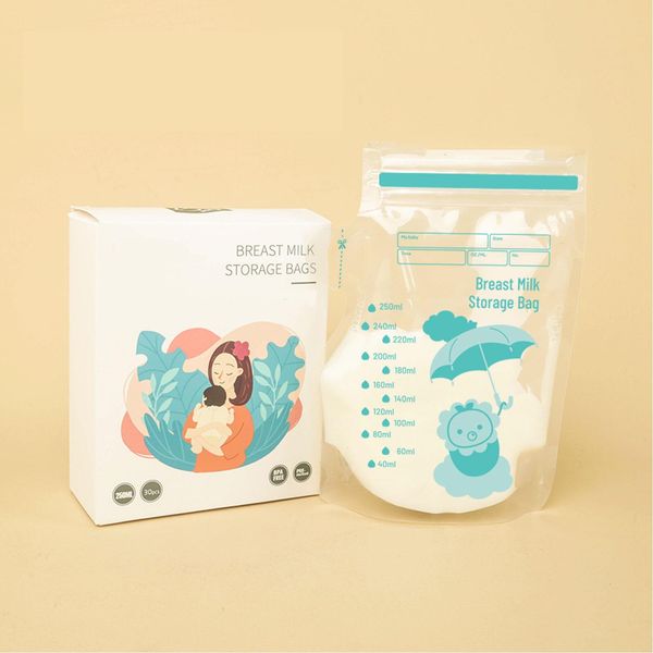 30 Breast Milk Storage Bags, 250ml Milk Freezer Bags, Breastfeeding Essentials Breast Milk Storage Bags for Freezer, Pre-Sterilised Stand-Up Pouches No Leak Double Seal Freezer Milk Storage for Fridge