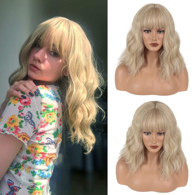 Gairyan Short Blonde Wigs for Women 14 inch Blonde Bob Wig with Bangs Natural Curly Wigs Wavy Hair Wig Shoulder Length Heat Resistant Synthetic Colorful Wigs for Cosplay Party Daily Wear