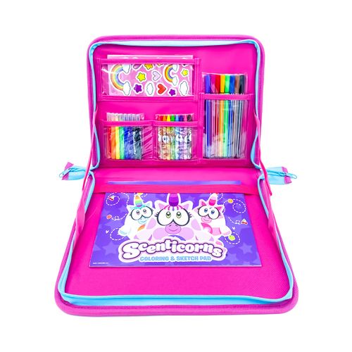 Kids Drawing Kit, Scenticorns Travel Activity Set, Children's Lap Desk to go Coloring Kit - Scented Markers, Crayons, Stickers, Sketch Pad - Travel Art Kit for Kids Girls Ages 3 4 5 6 7 8 9 10 11 12