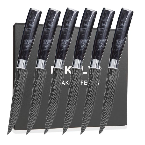 Fzkaly Steak Knives, Set of 6, Black Resin Handle Steak Knife, 5" Sharp Rust-Proof Stainless Steel Serrated Edge and Full Tang