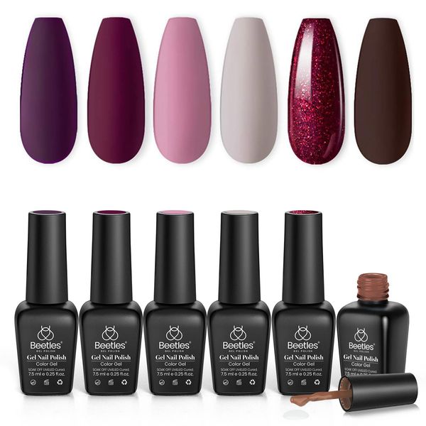 Beetles Gel Nail Polish Set, 6 Pcs Gel Nail Polish Kit Purple Brown Red Glitter Gel Polish Soak Off Nail Uv Light Gel Kit Nail Art DIY Home for Women Girl