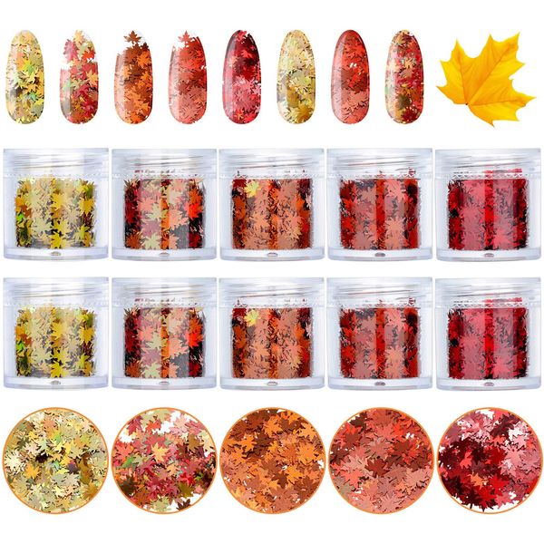 Maitys 10 Boxes Fall Nail Glitter Stickers Autumn Nail Leaves Thanksgiving Maple Leaf Nail Sequins Decor Halloween Christmas Holographic Nail Design Sequins Decals for Women DIY Nail Decoration