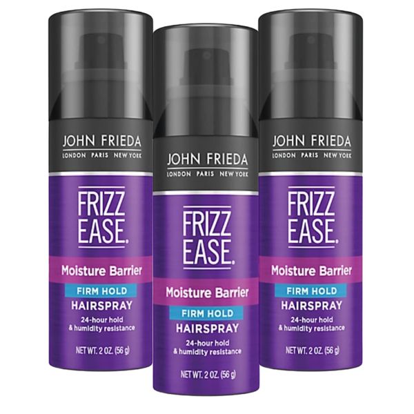 JOHN FRIEDA HairSpray Frizz Ease Firm hold Anti Frizz for Dry, Damaged hair LONDON PARIS NEW YORK pack of 3 2 oz , mini size, travel size, luxurious, 2 Ounce (Pack of 3)