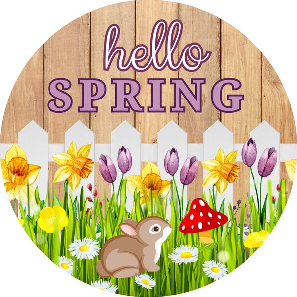 Hello Spring with Bunny and Mushroom Easter or Spring Sign or Door Hanger