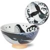 Minoru Pottery Rice Bowl, White Wave Whale, Blue, Medium
