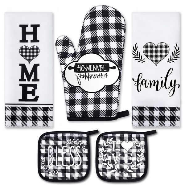 5 Pieces Buffalo Plaid Kitchen Towels Oven Mitts and Pot Holder Set Black and White Kitchen Towels Oven Gloves and Hot Pads Pot Holders for Farm House Kitchen Accessories and Decor (Heart)