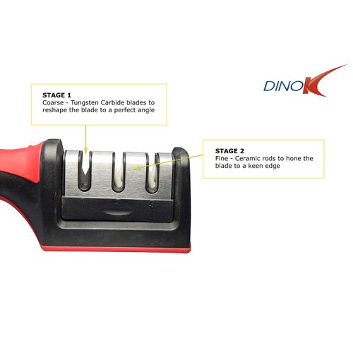 DinoK - Knife Sharpener - Professional Three Stage Sharpening System - Easily Sharpen Blunt Kitchen, Chef, Butcher and Utility Knives - Left Or Right Handed - Comfortable Handle And Non Slip Base - Red