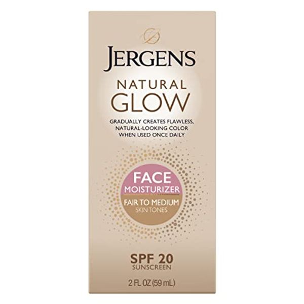 Jergens Natural Glow Self Tanner Face Moisturizer, SPF 20 Facial Sunscreen, Fair to Medium Skin Tone, Sunless Tanning, Oil Free, Broad Spectrum Protection UVA and UVB, 2 oz (Packaging May Vary)