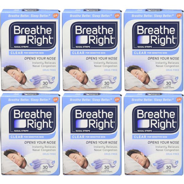 6 Pack Breathe Right Nasal Strips For Sensitive Skin - 30 Large Clear Strips Ea