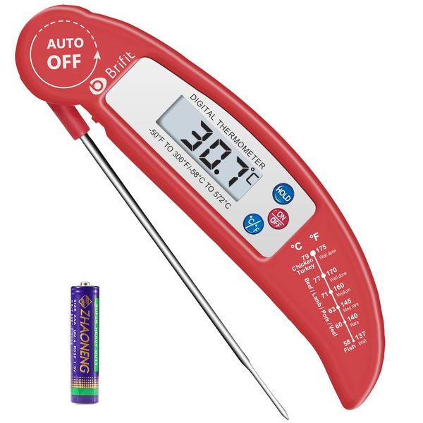 AMIR Meat Thermometer, Digital Cooking Thermometer, Food Thermometer with High Accuracy, Instant Read Foldable Probe Thermometer for Kitchen Cooking, BBQ, Milk, Christmas (Red), Battery Included