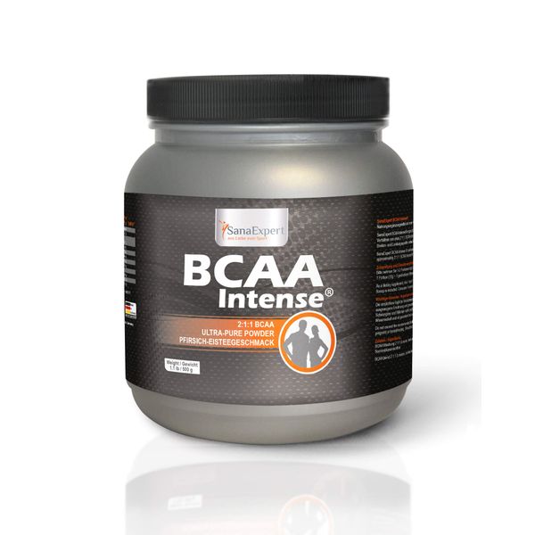 SanaExpert BCAA Intense Beverage Powder, Amino Acids 2:1:1, L-Leucine, L-Valine and L-Isoleucine, 38 Servings of Sports Drink, Peach Iced Tea Flavour, 500 g