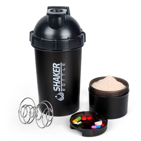 XTKS Shaker Bottle 18OZ Protein Shaker Bottles with Powder Storage & Pill Case 500ML GYM Shaker Cup for Protein Mixes with Blending Ball Leak Proof Mixer Bottle for Pre Workout,BPA Free(black)