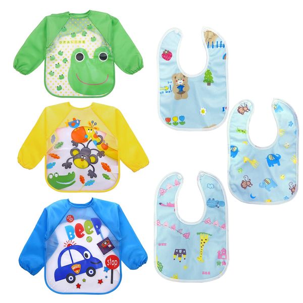 3 long sleeve waterproof bibs (frog, monkey, little blue car) and 3 blue saliva, waterproof bib game feeding/painting apron waterproof bib