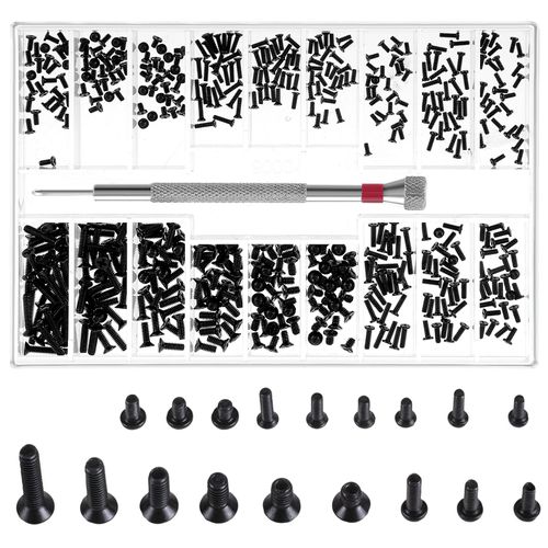 500 Pcs Tiny Screws Assortment Kit Micro Repair Screw Kit M1.2/M1.4/M2.0 Black Small Replacement Screws with Screwdriver for Glasses Watches Laptop Computer Electronic