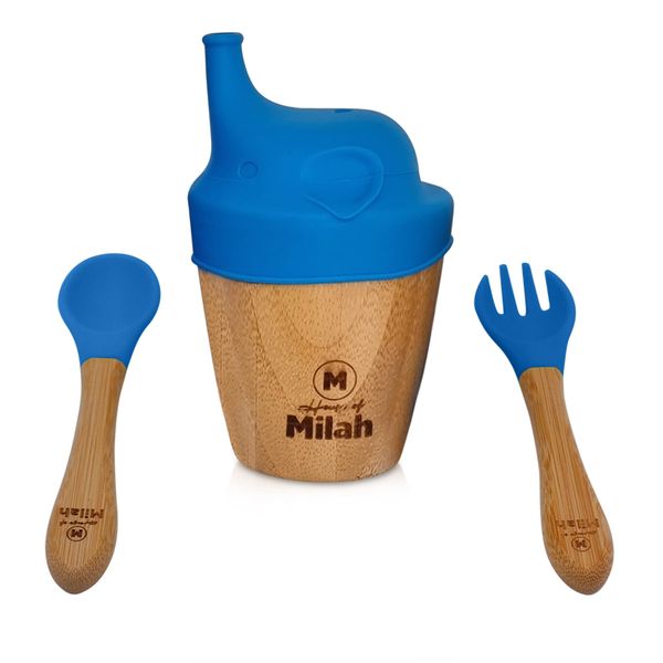 Milah Bamboo Sippy Cup with Silicone lid, Spoon and Fork Set I Soft Curved Silicone Tips for Toddlers and Infants I Ideal Set for Baby Weaning (Blue)