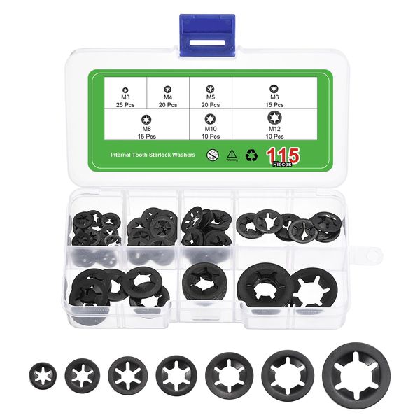 sourcing map 115Pcs Internal Tooth Washers Assortment Kit, 65Mn Tooth locking Ring Washers Quick Speed Nut ing Fastener, 7 Size, Black