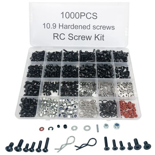 1000pcs Universal RC Screw Kit Screws Assortment,Set Hardware Fasteners for Traxxas Axial Redcat HPI Arrma SCX10 Losi 1/8 1/10 1/12 1/16 Scale RC Cars Trucks Crawler, RC Screw Kit, Car Body Clips Pins