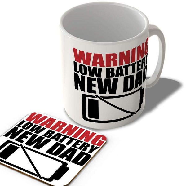 McMug - Warning - Low Battery - New Dad - Mug and Coaster Set, Ceramic, 11fl.oz.