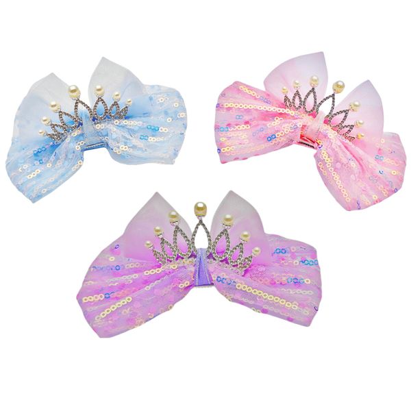 Eechen Charm Crown & Bow Hair Clips Set - Light & Small, Sparkling Sequin, Cute Girls' Hair Accessories, No Harm to Hair, 4-inch, 3-Piece Set in Blue, Pink & Purple - Ideal Gifts