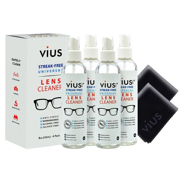 Lens Cleaner – vius Premium Lens Cleaner Spray for Eyeglasses, Cameras, and Other Lenses - Gently Cleans Fingerprints, Dust, Oil (8oz 4-Pack)