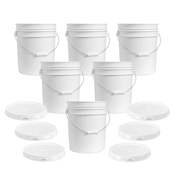 Ropak USA 3.5 gallon Food Grade White Plastic Bucket with Handle & Lid - Set of 6