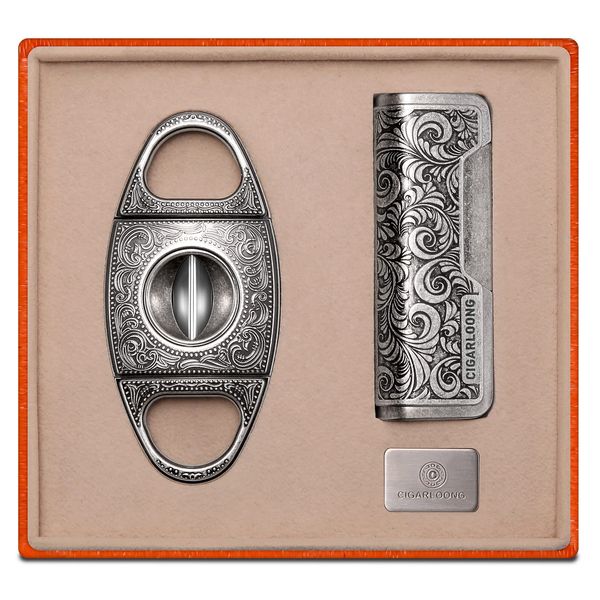 Cigar Cutter and Lighter Set, V-Cut Cigar Cutter & Carved Torch Lighter with Gift Box, Without Gas(Silver)