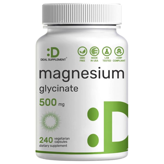 Magnesium Glycinate 500mg, 240 Veggie Capsules | Chelated for Easy Absorption | Highly Purified Essential Trace Mineral for Muscle, Joint, Heart, & Digestive Health